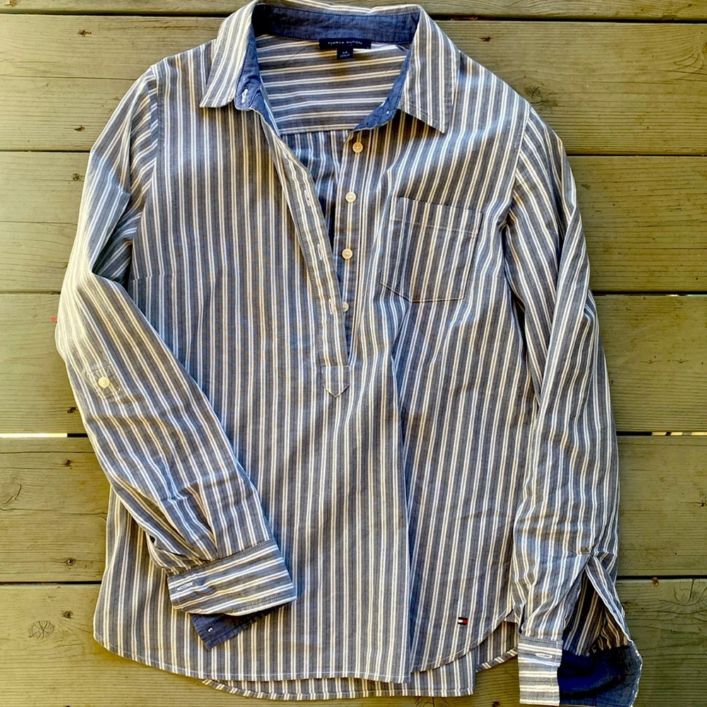 Tommy striped denim look pull over shirt